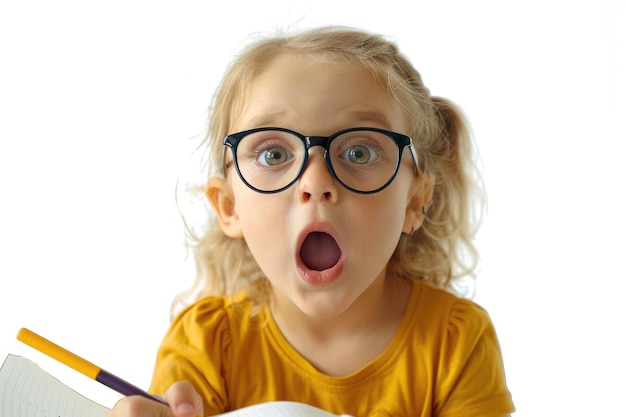 Surprised child in glasses writing in notebook with pencil