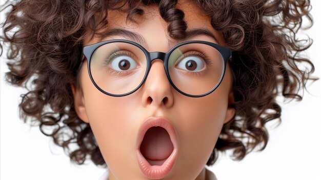 Surprised child with curly hair and glasses on white background