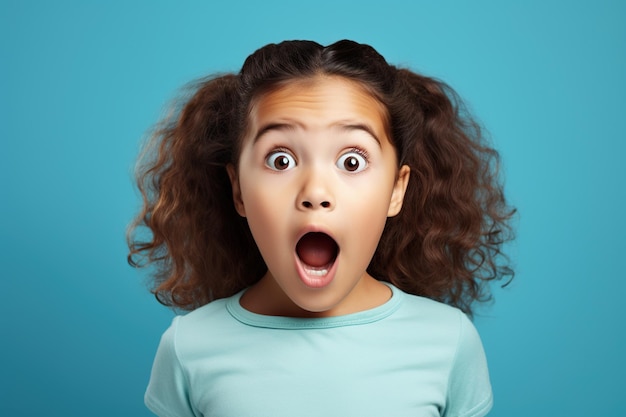 Surprised cute little toddler girl child standing isolated over blue background Looking at camera