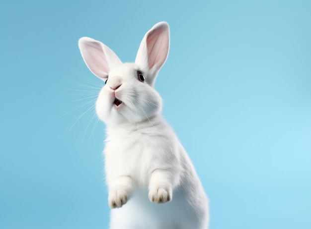 Surprised cute white bunny on a light blue background