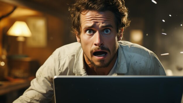 Photo surprised discouraged man with a mustache looks from behind a laptop
