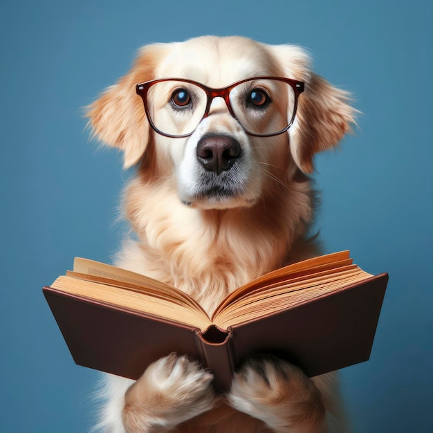Удивленная собака в очках держит открытую книгу с генеративным ИИ