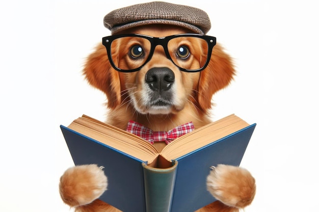 Surprised dog in glasses holding opened book on white background