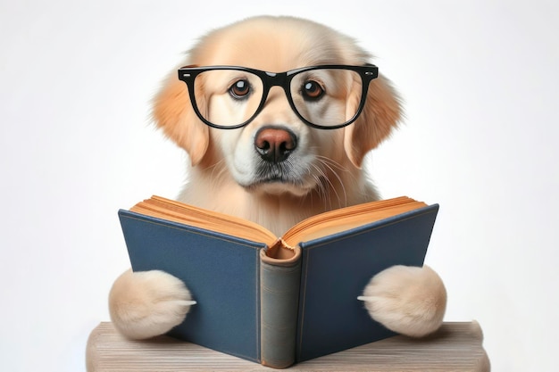 Surprised dog in glasses holding opened book on white background