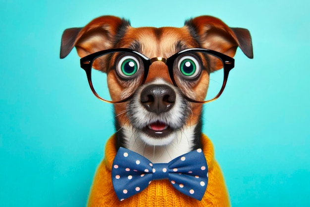 Surprised dog with bulging big eyes wear glasses on bright color background ai generative