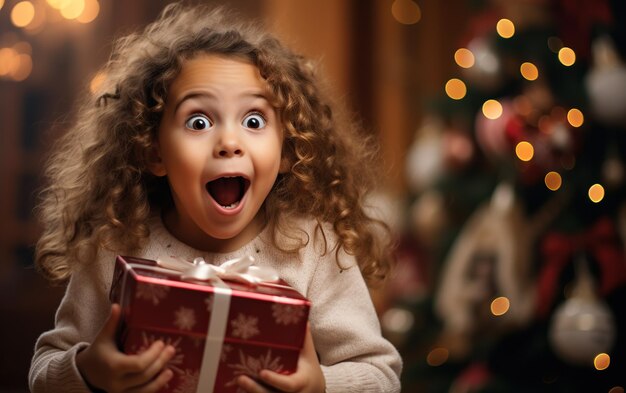Surprised excited girl open giftbox near Christmas tree