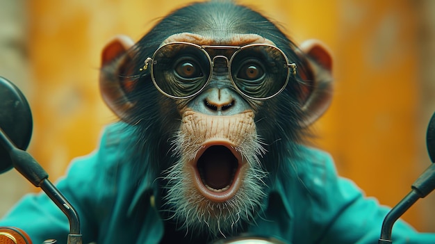 Surprised facial expression of a monkey riding a motorcycle