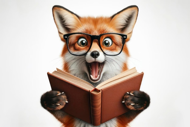 Удивленная лиса в очках с открытой книгой на белом фоне