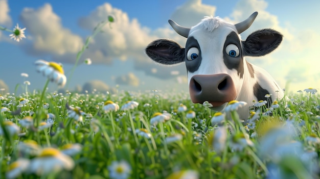 Surprised funny cow in the meadow