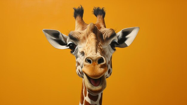 Surprised giraffe smiling hyperrealistic still life on orange background