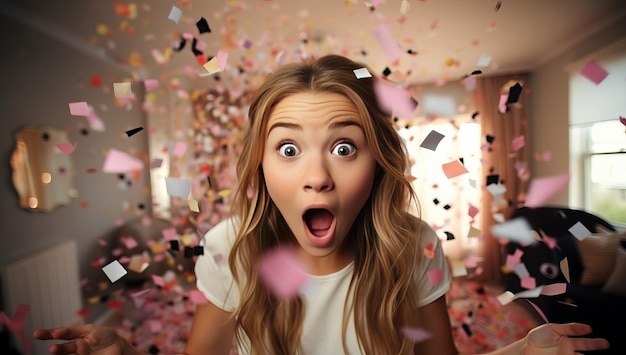 Photo surprised girl looking at confetti in living room at home