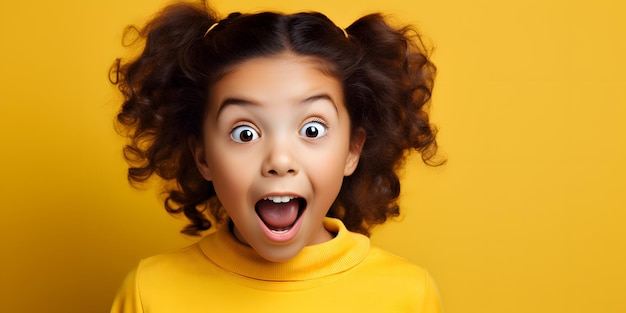 Photo surprised girl pointing with finger on copy space color background