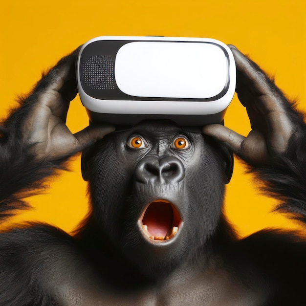 Foto gorilla sorpreso usando un auricolare di realtà virtuale su uno sfondo giallo brillante ai generativo