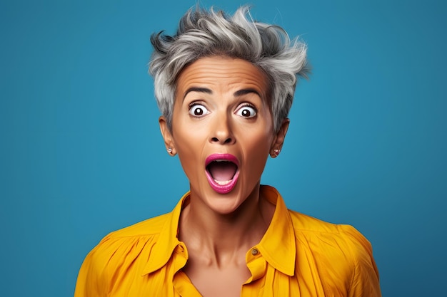 Surprised grayhaired latin american woman on blue background neural network generated photorealistic