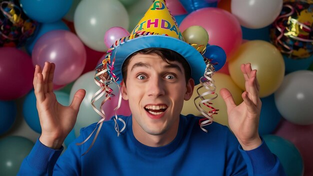 Surprised guy with birthday hat and balloons posing in blue sweater