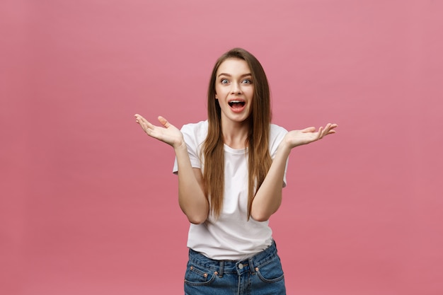 Surprised happy beautiful woman looking in excitement.