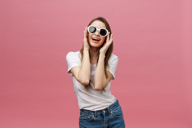 Surprised happy beautiful woman looking in excitement