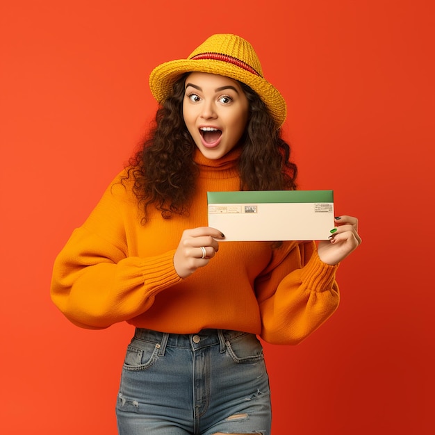 Photo surprised and happy young woman in knitted sweater