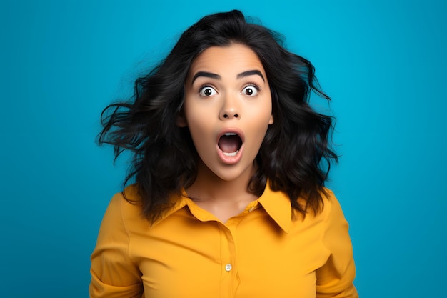 Photo surprised hispanic young adult woman on blue background neural network generated image