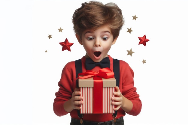 Surprised kid opens a gift box on a white background