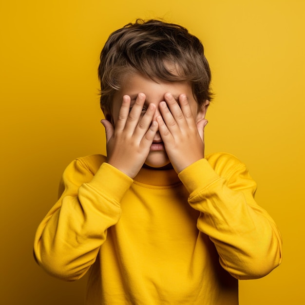 Surprised little boy covering his face with his hands dressed in yellow and yellow background