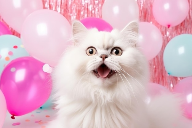 Photo surprised little cat on solid bright background with colorful balloons happy birthday concept