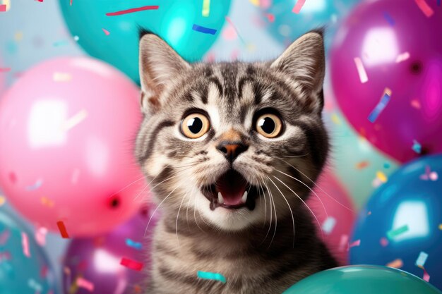surprised little cat on solid bright background with colorful balloons Happy Birthday concept