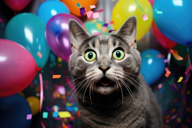 surprised little cat on solid bright background with colorful balloons