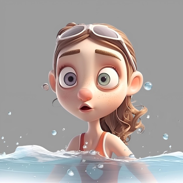 Surprised little girl in swimming pool with water splashes 3d illustration
