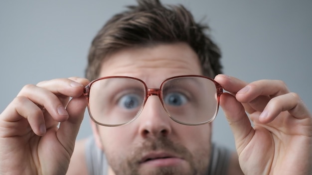 Photo surprised man in big glasses with wow expression on gray backgound