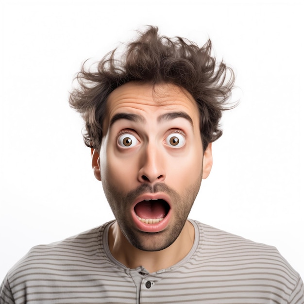 Photo a surprised man face on a white background and messy hair