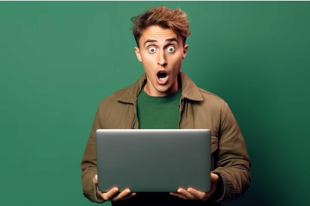 Surprised man with laptop on green background Shocked young man looking at laptop screen