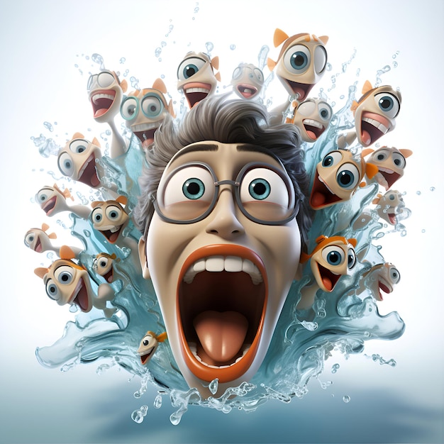 Foto uomo sorpreso con molti occhi e bocca in acqua illustrazione 3d