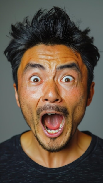 Photo surprised man with wideeyed expression unexpected reaction
