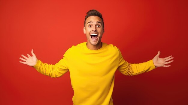 Surprised man in a yellow sweater on a red background