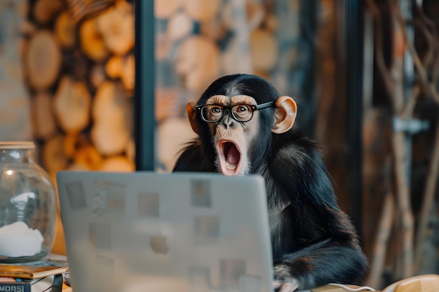 Foto scimmia sorpresa con gli occhiali che usa il portatile per umanizzare i personaggi animali in ufficio concetto personaggi animali espressione di sorpresa impostazione dell'ufficio scimmia con occhiali che utilizza il portatile