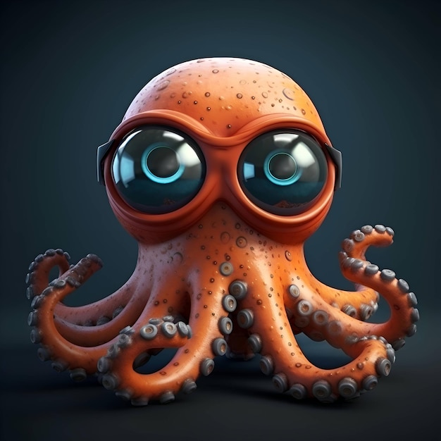 Surprised octopus with blue eyes on dark background 3d illustration