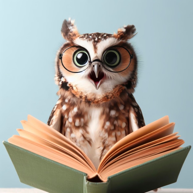 Surprised owl in glasses holding opened book ai generative