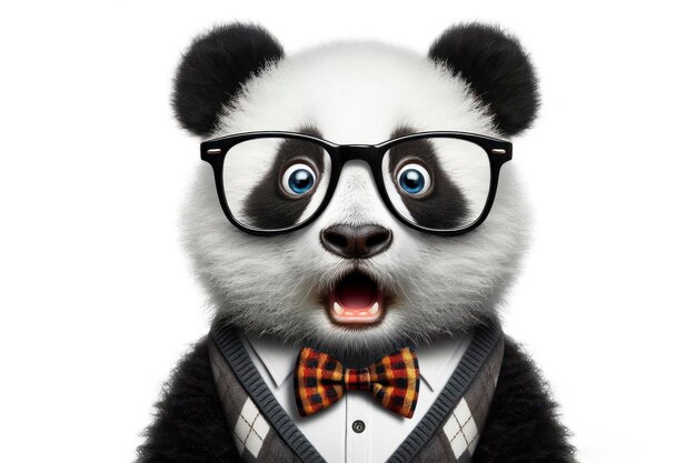 Surprised panda wear glasses on white background