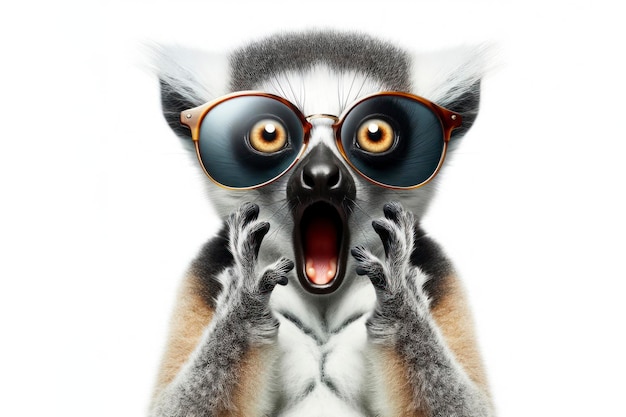 Photo surprised portrait lemur wear sunglasses on a white background