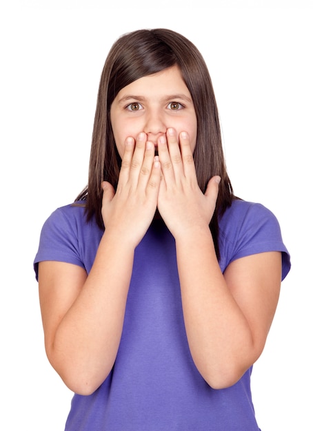 Surprised preteen girl isolated on white background