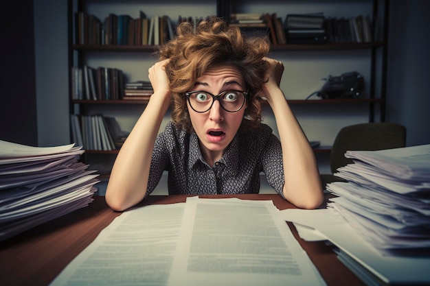 surprised professional woman reviewing documents at the table