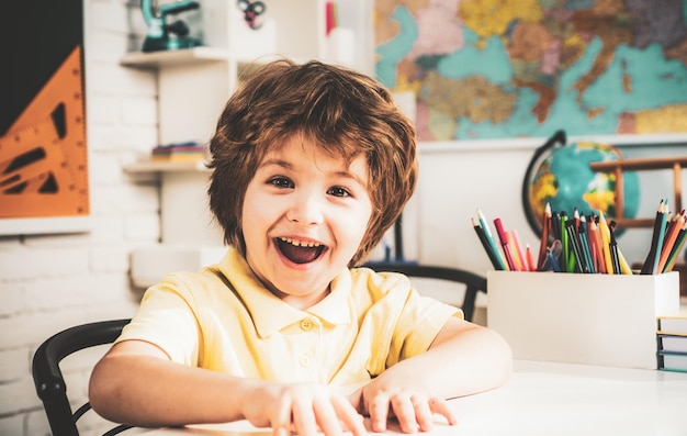 Surprised pupil Beginning of lessons Little ready to study Happy excited school kids at lesson