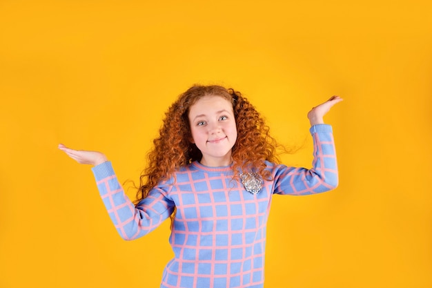 A surprised red girl on a yellow surface