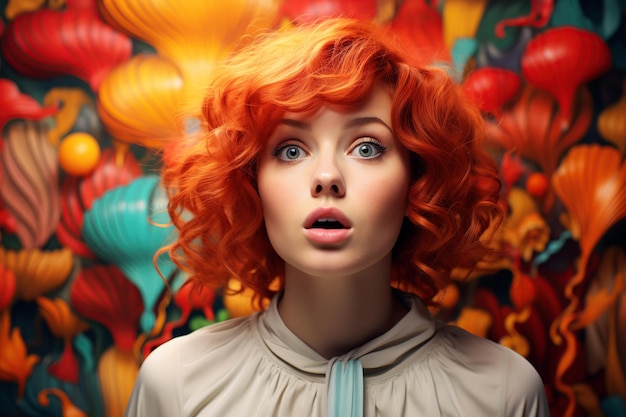 Photo surprised redhaired young woman on a bright multicolored background