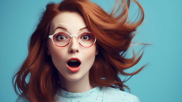 Surprised redhead girl in eyeglasses on blue background