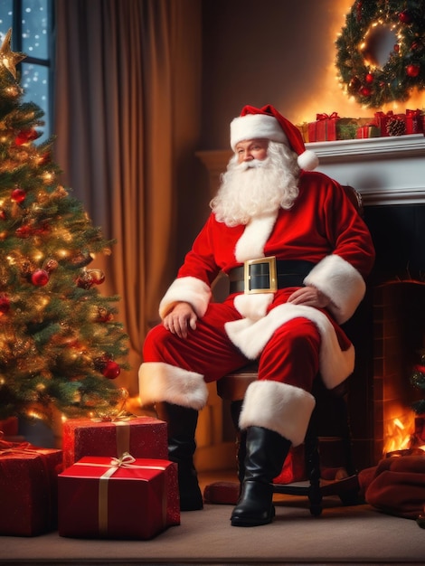 Surprised Santa Claus in a beautiful room next to the fireplace and Christmas tree