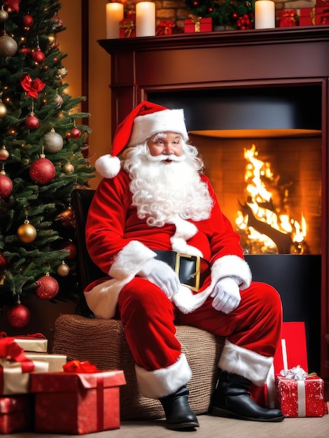 Surprised Santa Claus in a beautiful room next to the fireplace and Christmas tree