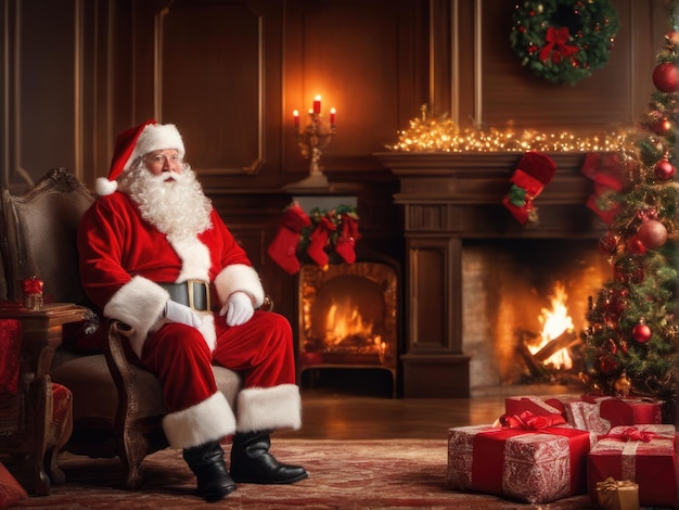 Surprised Santa Claus in a beautiful room next to the fireplace and Christmas tree