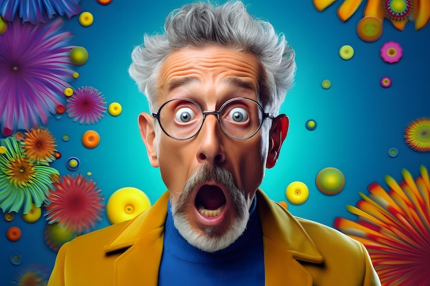 Surprised senior caucasian man on colorful background neural network generated photorealistic image
